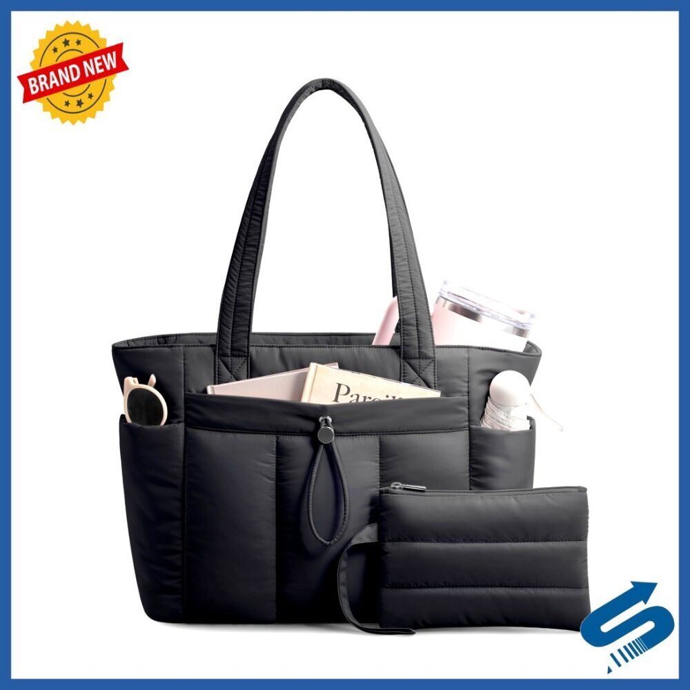 Puffy Tote Bag with Cup Holder Laptop Compartment Travel Work Utility